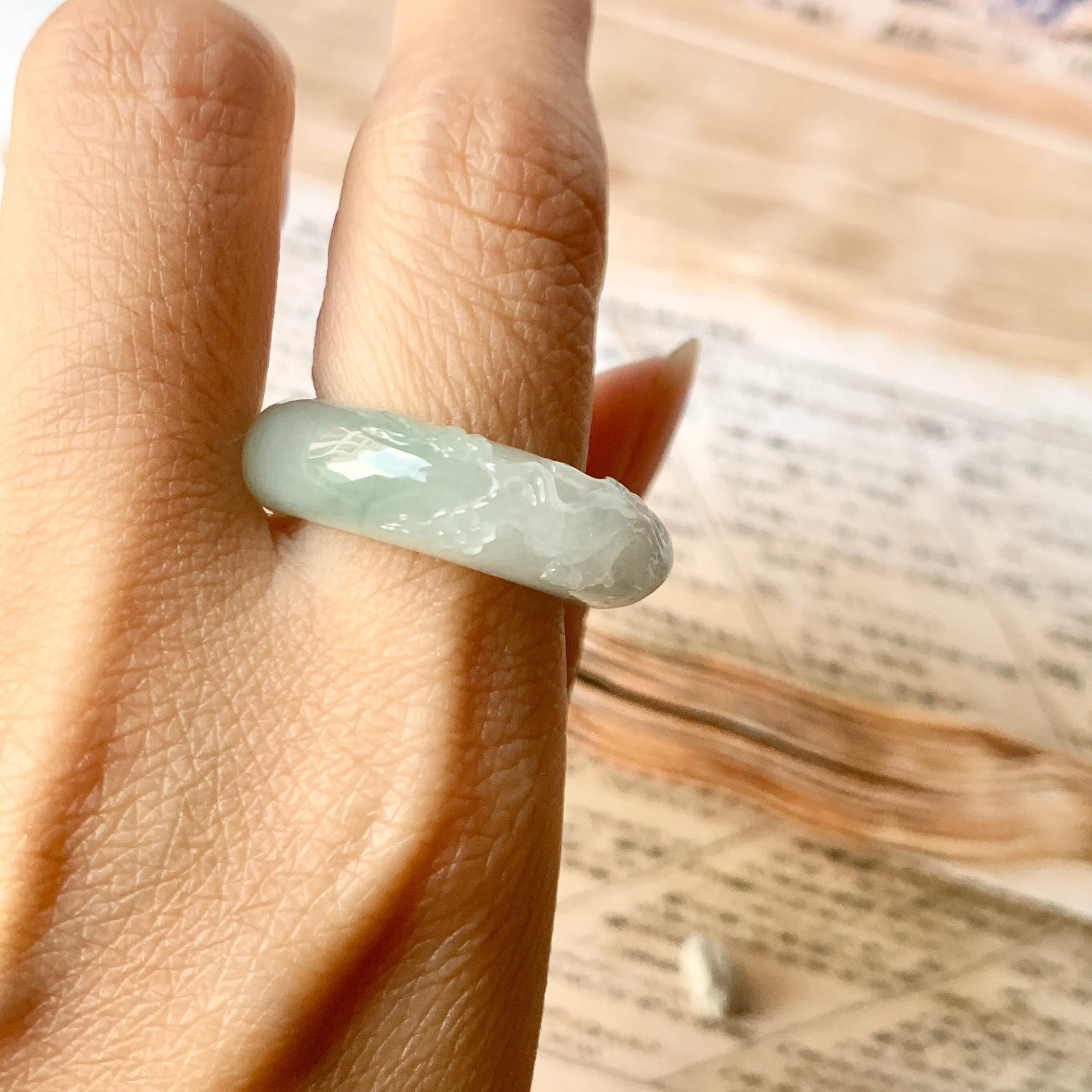 SOLD OUT: 17mm A-Grade Natural Jadeite Joseon Ring Band With Sakura Flowers Carving No.162289