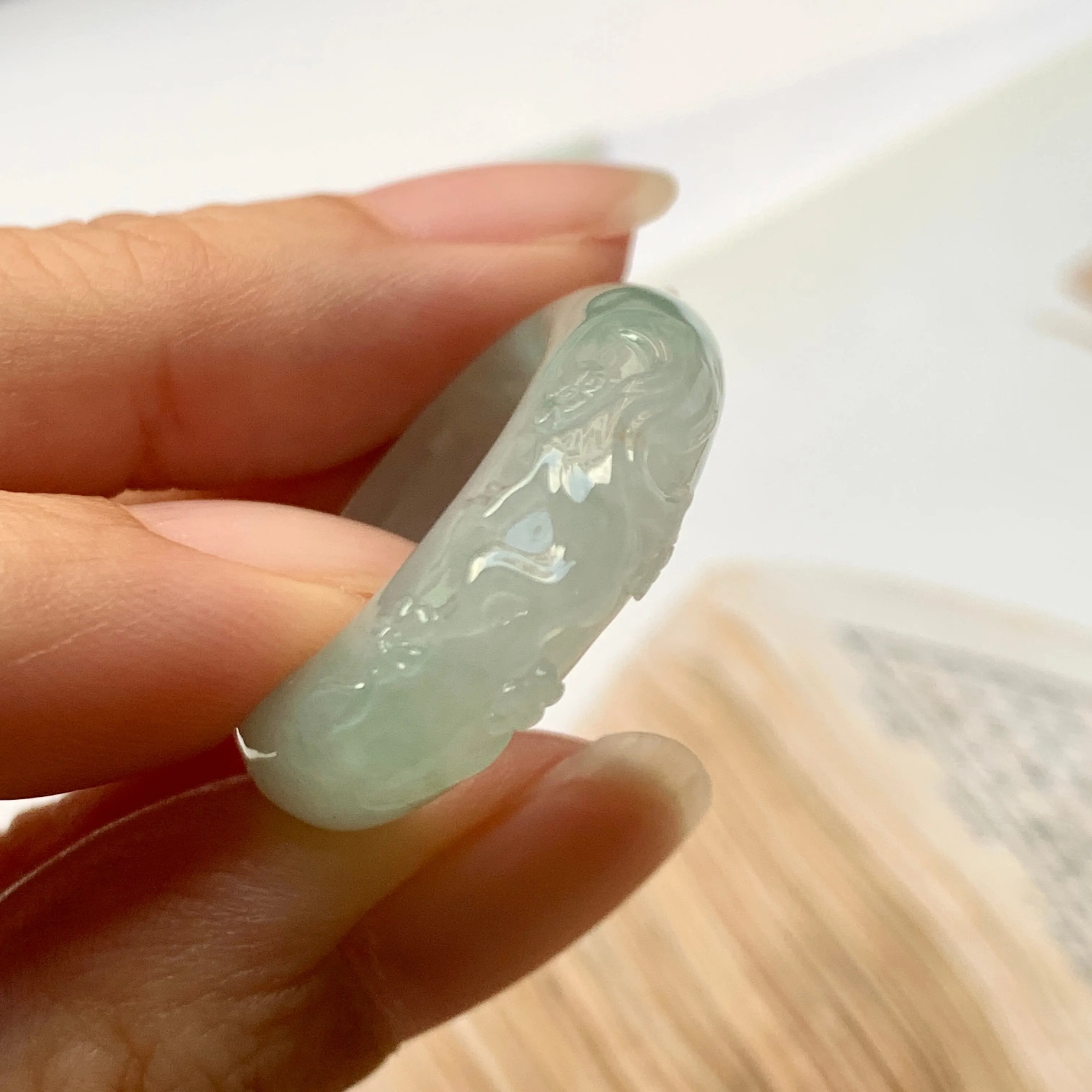 SOLD OUT: 17mm A-Grade Natural Jadeite Joseon Ring Band With Sakura Flowers Carving No.162289