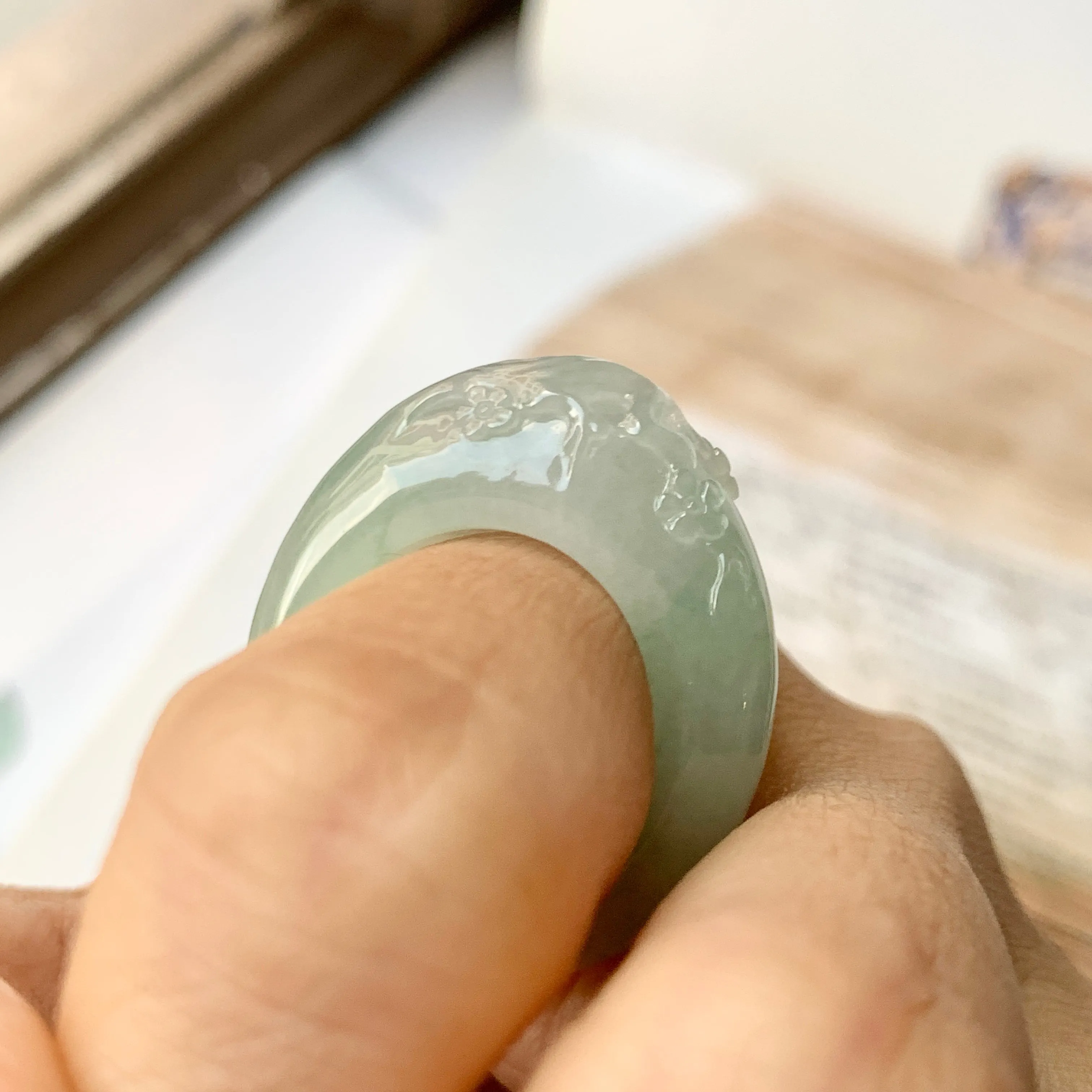 SOLD OUT: 17mm A-Grade Natural Jadeite Joseon Ring Band With Sakura Flowers Carving No.162289
