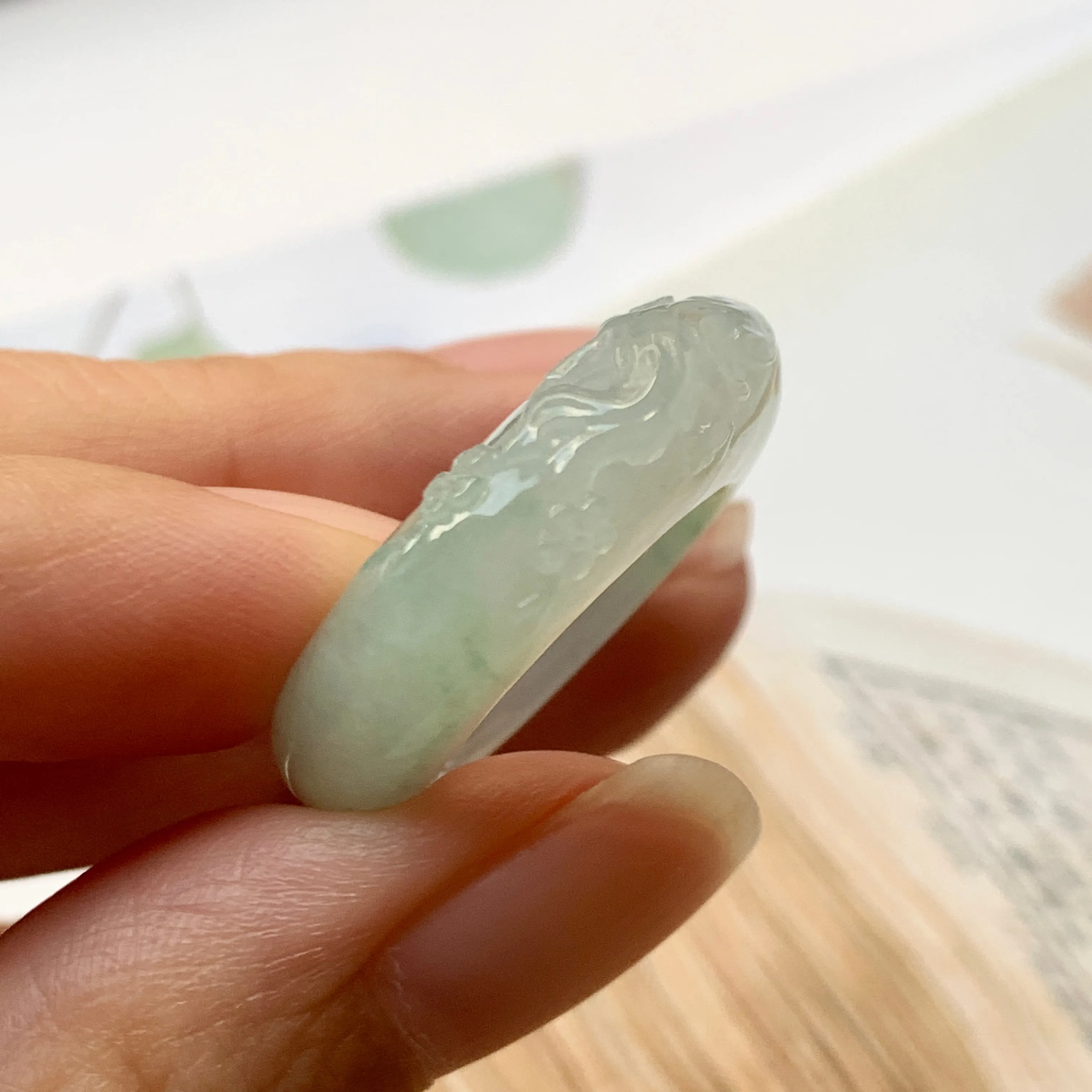 SOLD OUT: 17mm A-Grade Natural Jadeite Joseon Ring Band With Sakura Flowers Carving No.162289
