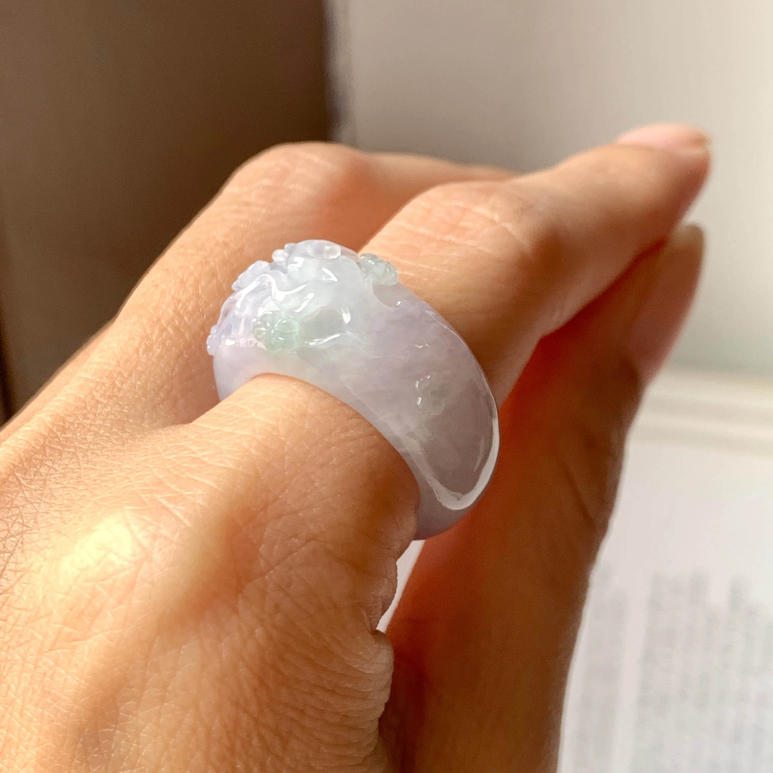 SOLD OUT: 17mm A-Grade Natural Lavender Jadeite Joseon Ring Band With Sakura Flowers Carving No.162291