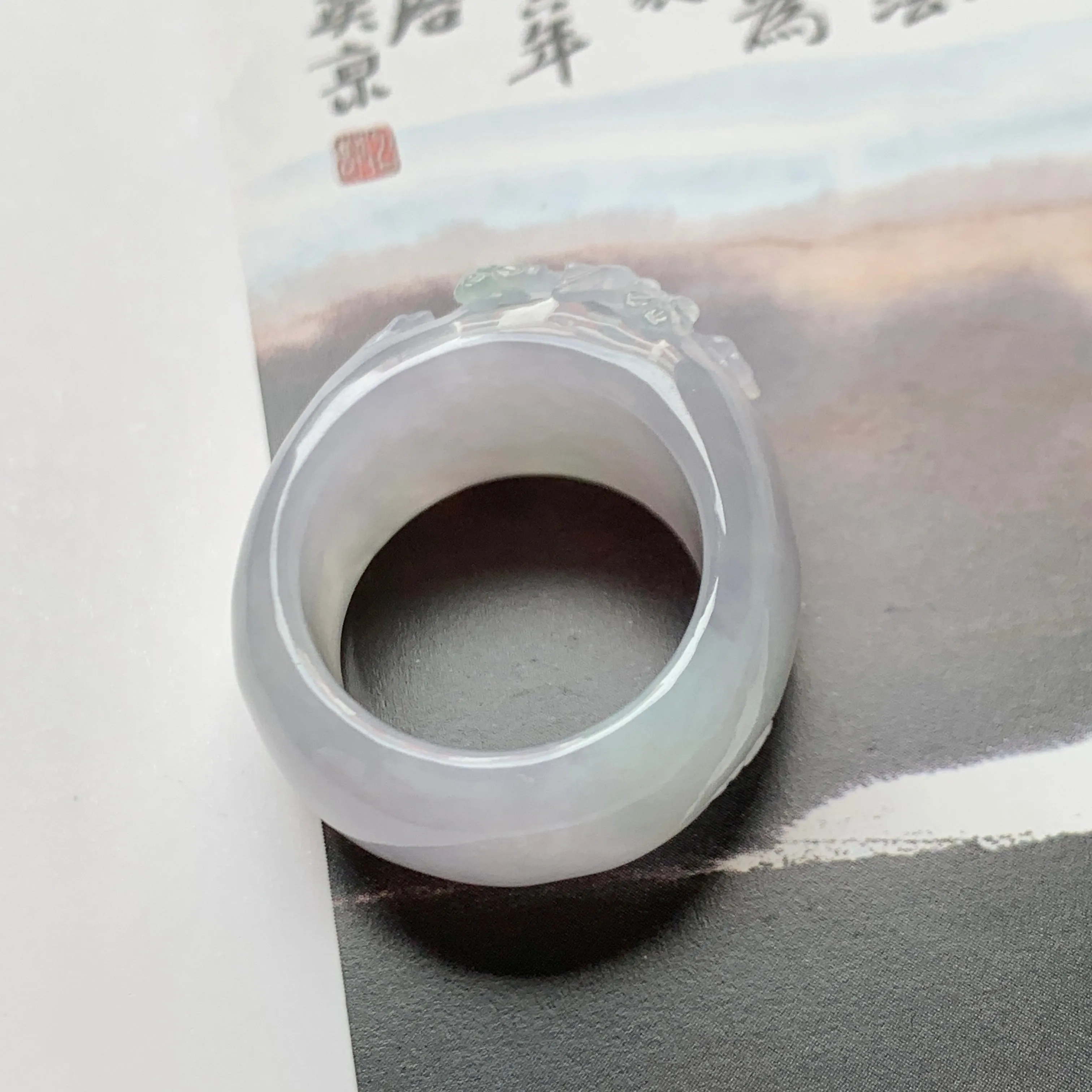 SOLD OUT: 17mm A-Grade Natural Lavender Jadeite Joseon Ring Band With Sakura Flowers Carving No.162291