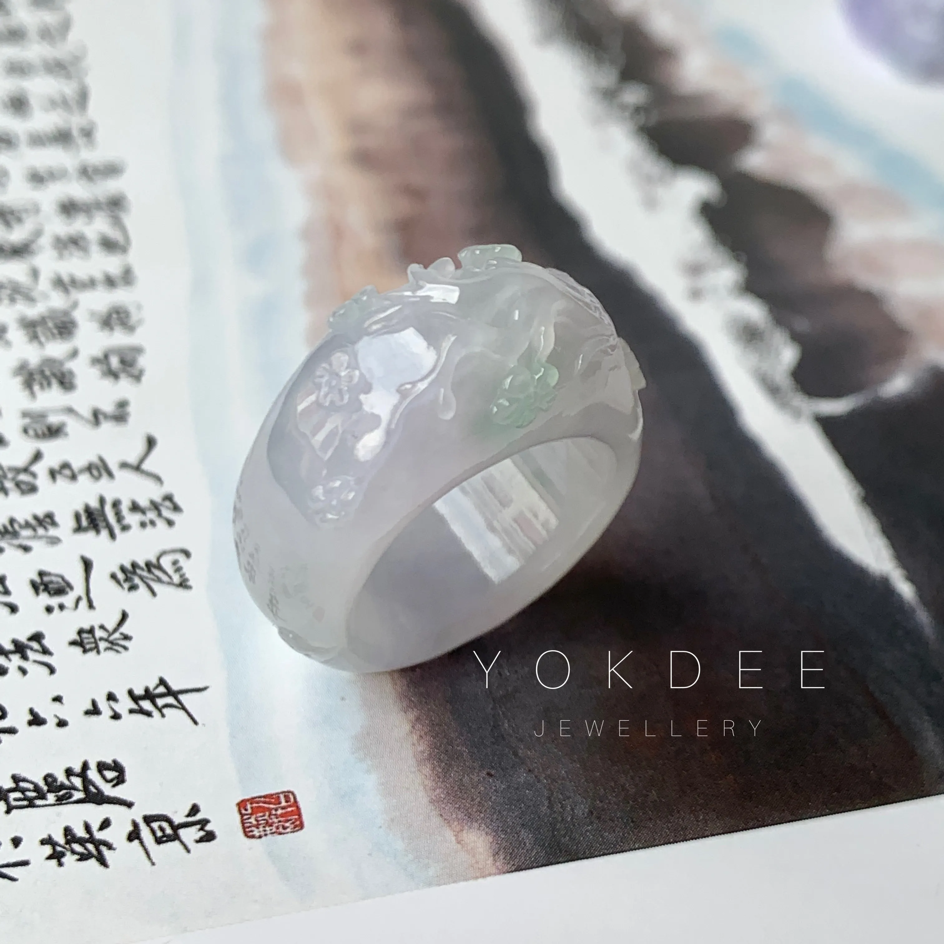 SOLD OUT: 17mm A-Grade Natural Lavender Jadeite Joseon Ring Band With Sakura Flowers Carving No.162291