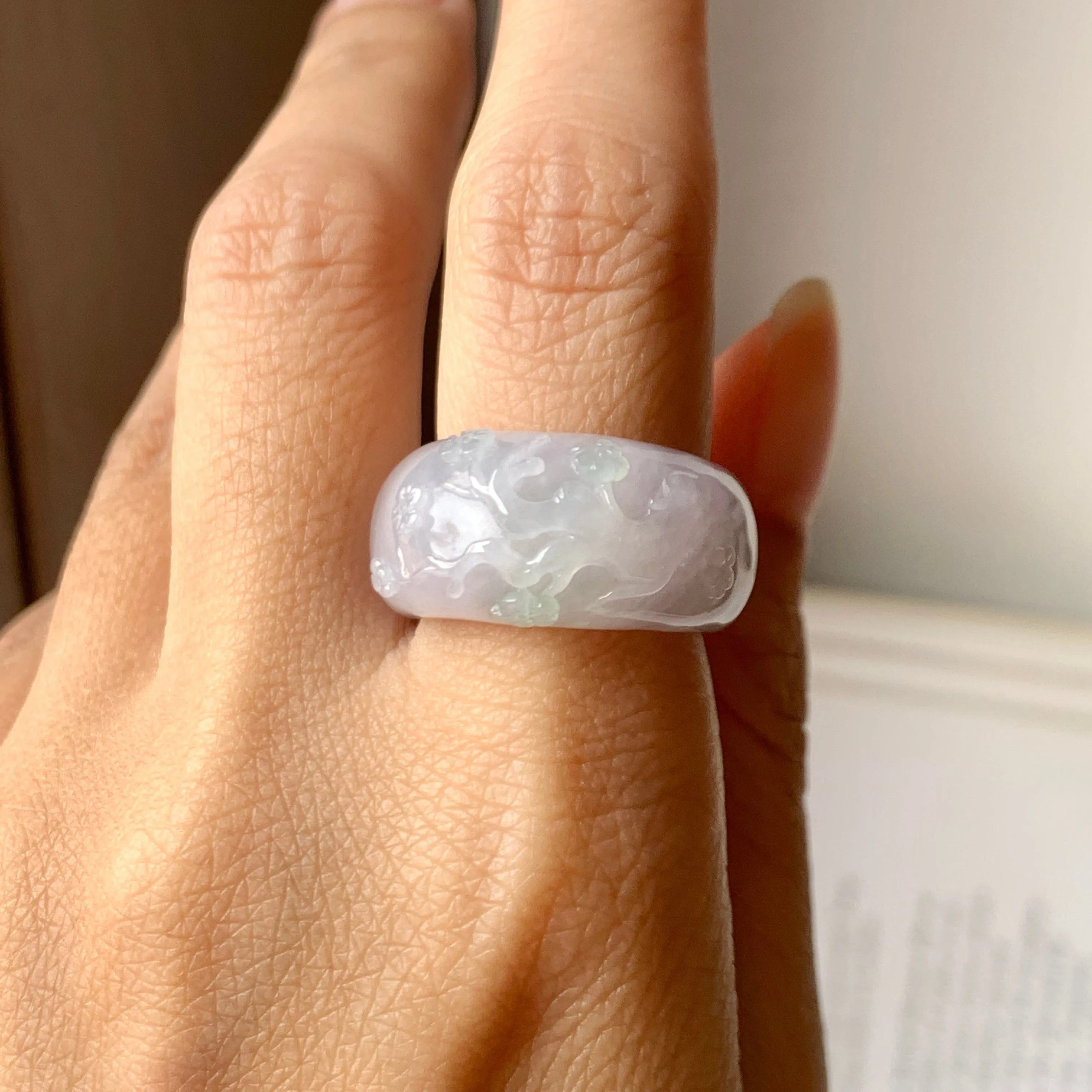 SOLD OUT: 17mm A-Grade Natural Lavender Jadeite Joseon Ring Band With Sakura Flowers Carving No.162291