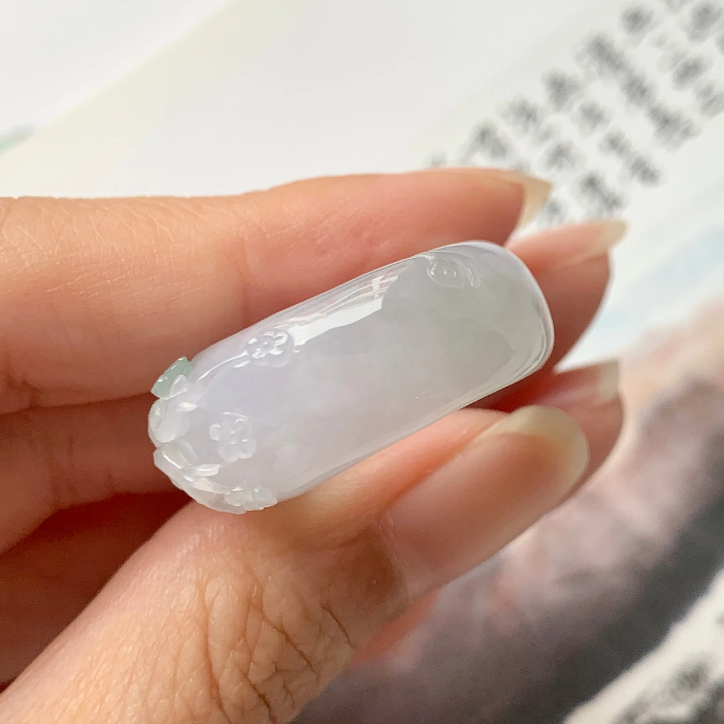 SOLD OUT: 17mm A-Grade Natural Lavender Jadeite Joseon Ring Band With Sakura Flowers Carving No.162291