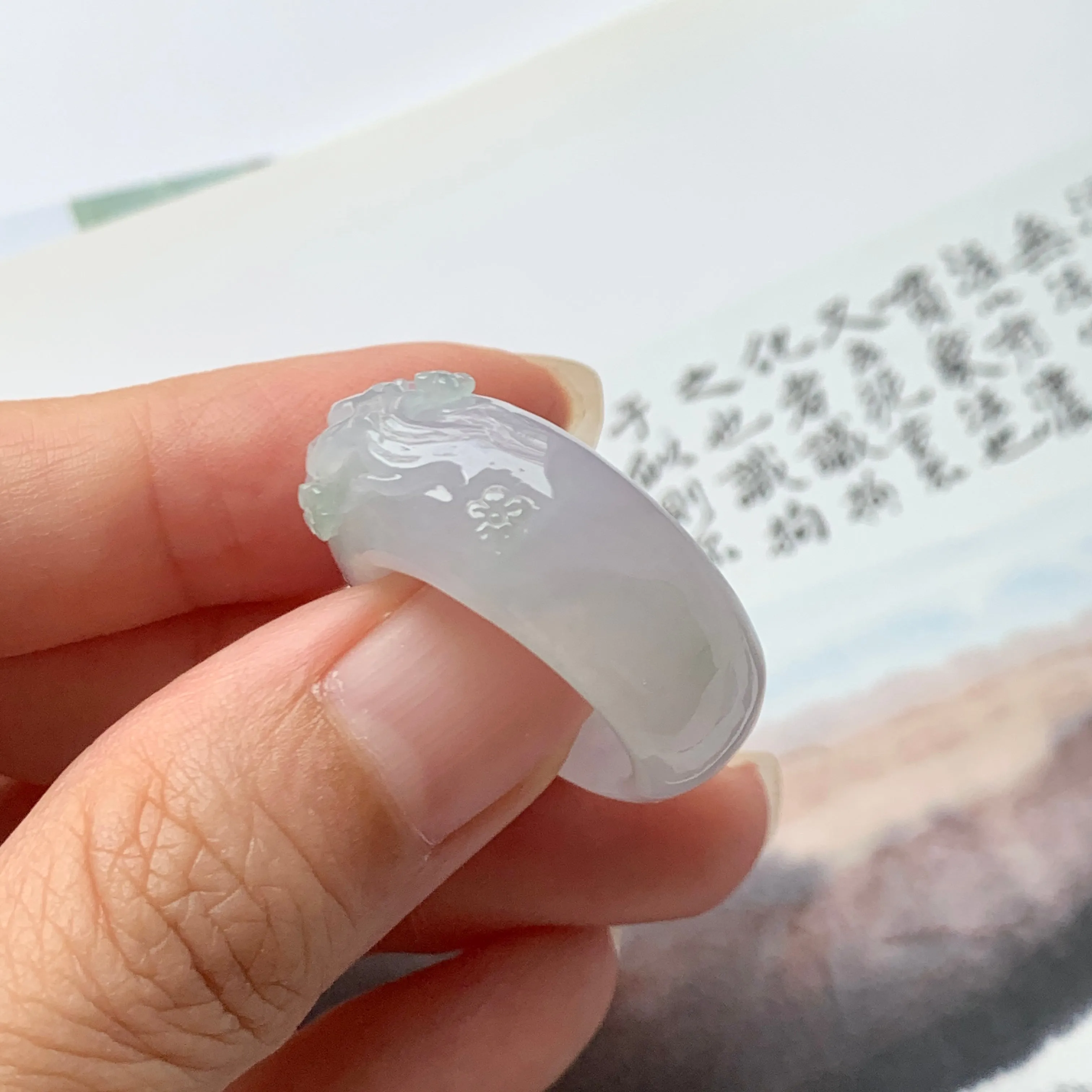 SOLD OUT: 17mm A-Grade Natural Lavender Jadeite Joseon Ring Band With Sakura Flowers Carving No.162291
