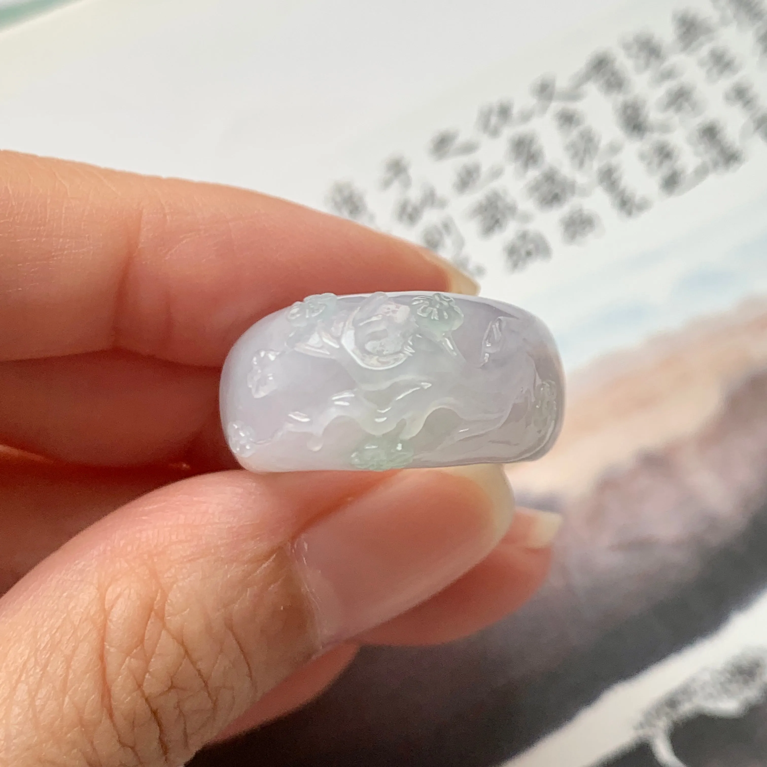 SOLD OUT: 17mm A-Grade Natural Lavender Jadeite Joseon Ring Band With Sakura Flowers Carving No.162291