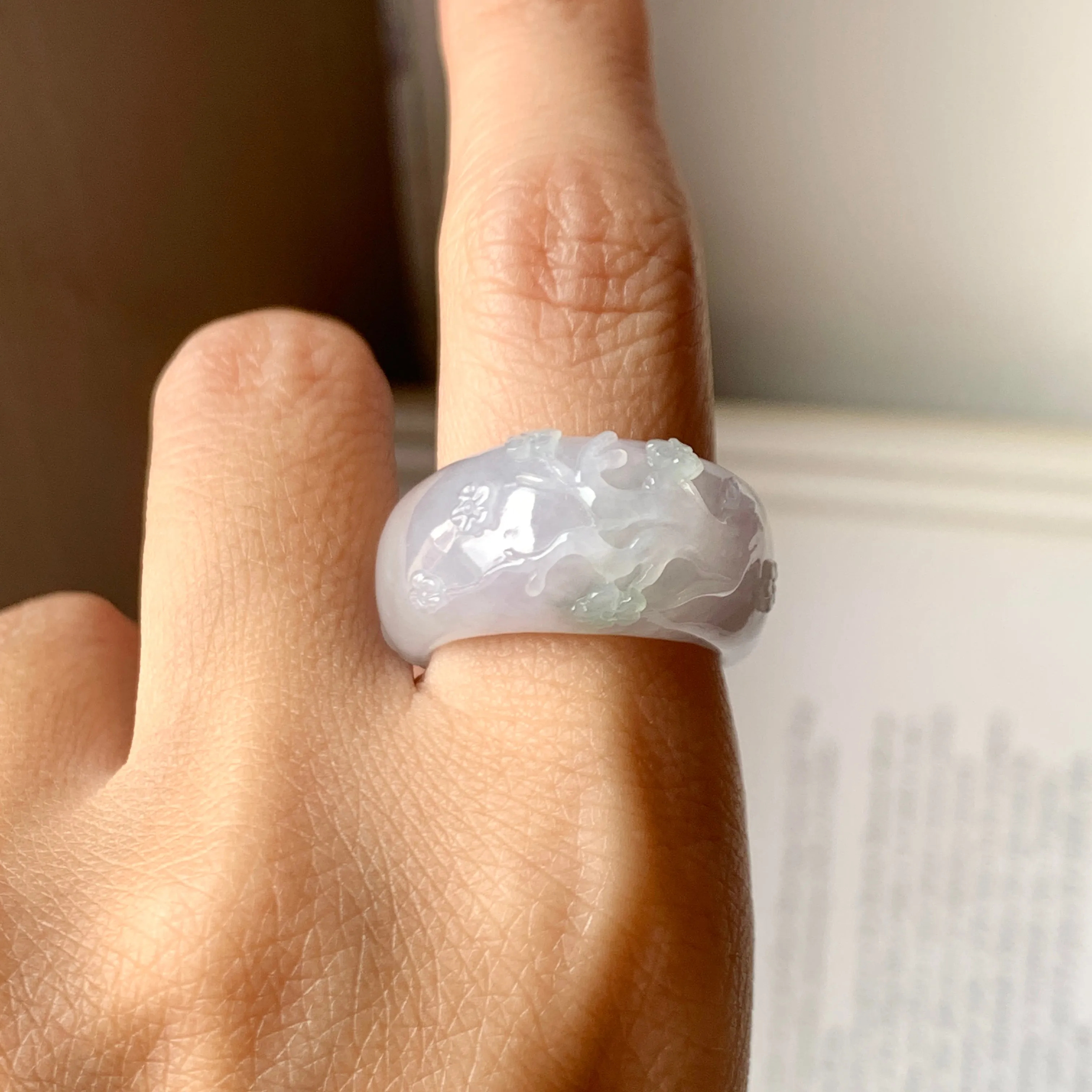 SOLD OUT: 17mm A-Grade Natural Lavender Jadeite Joseon Ring Band With Sakura Flowers Carving No.162291
