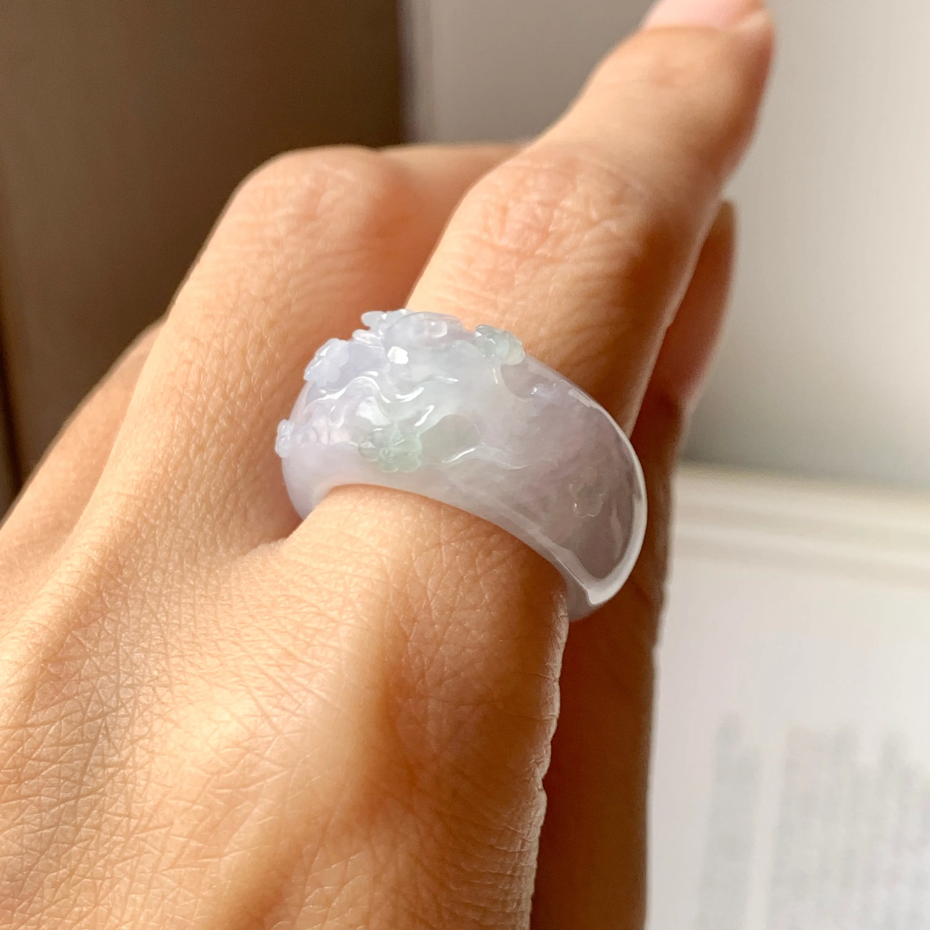 SOLD OUT: 17mm A-Grade Natural Lavender Jadeite Joseon Ring Band With Sakura Flowers Carving No.162291
