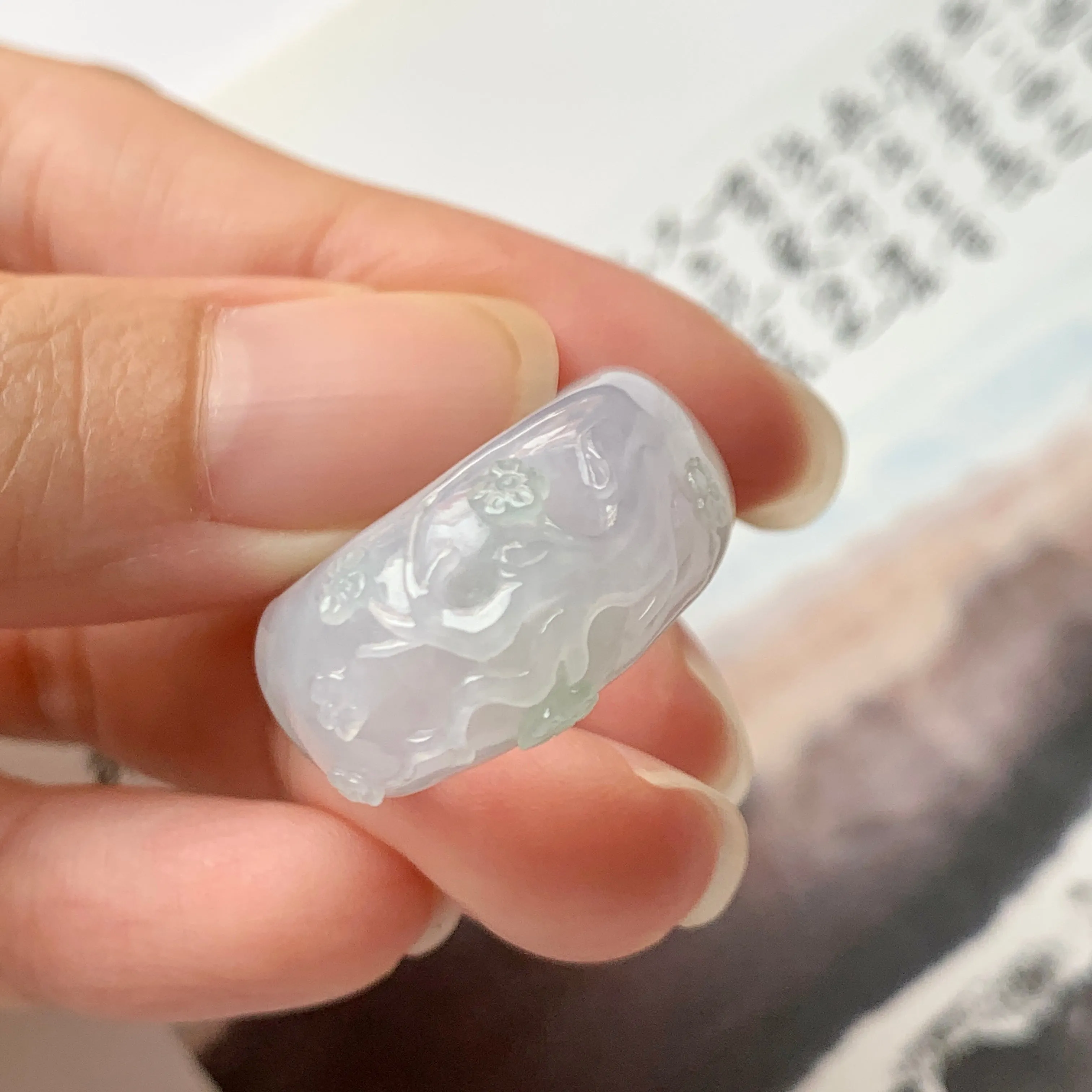 SOLD OUT: 17mm A-Grade Natural Lavender Jadeite Joseon Ring Band With Sakura Flowers Carving No.162291