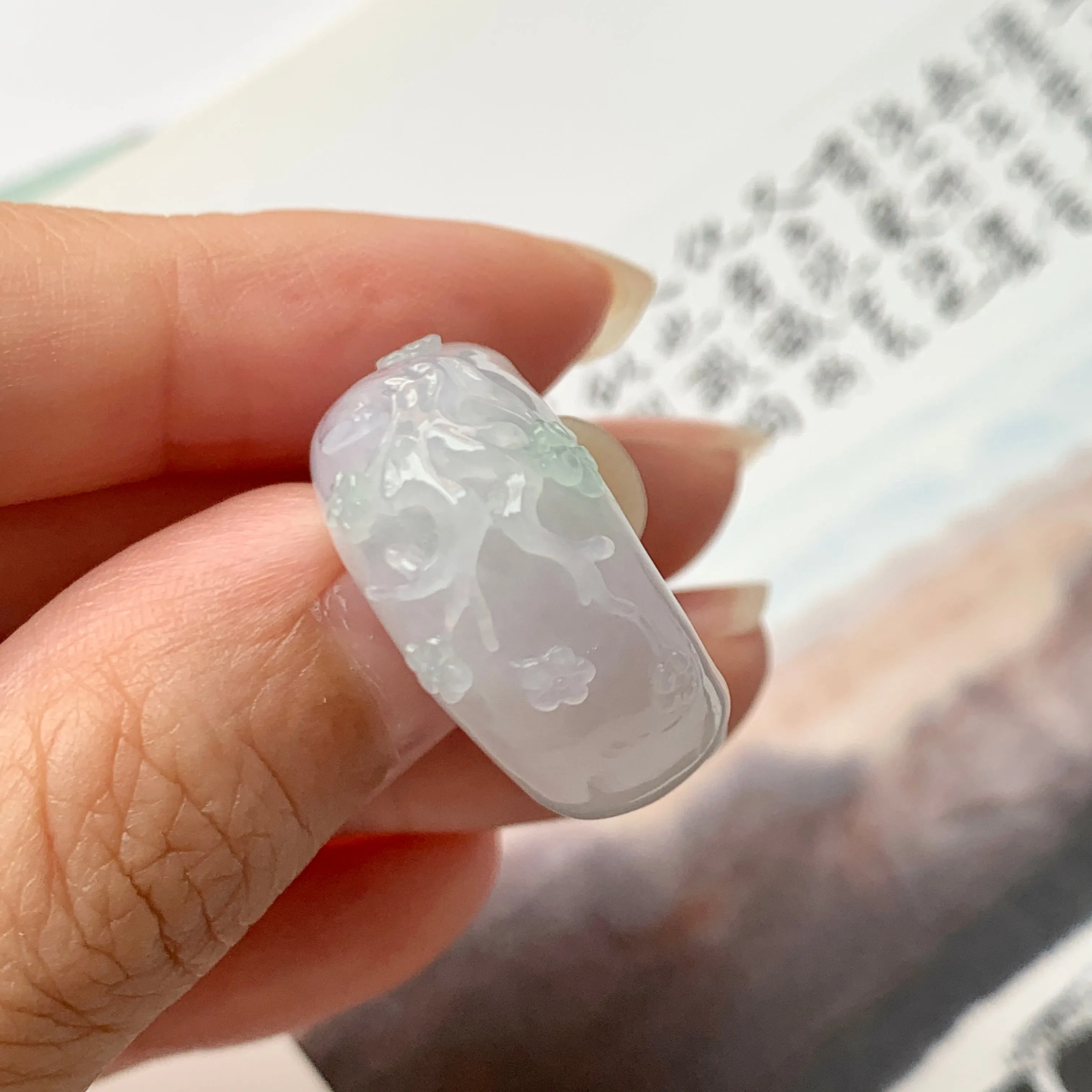SOLD OUT: 17mm A-Grade Natural Lavender Jadeite Joseon Ring Band With Sakura Flowers Carving No.162291