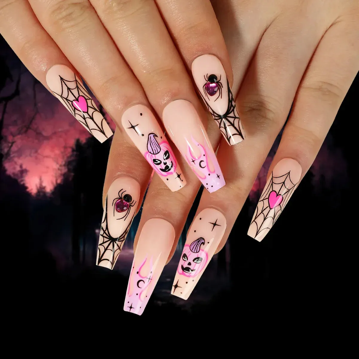 Toleet-Helloween sminken 24P/Set Halloween Fake Nails Art Ghost Face Pumpkin Spooky Designer Girls Party Press on Nail Tips Wearable Stick on Nails False
