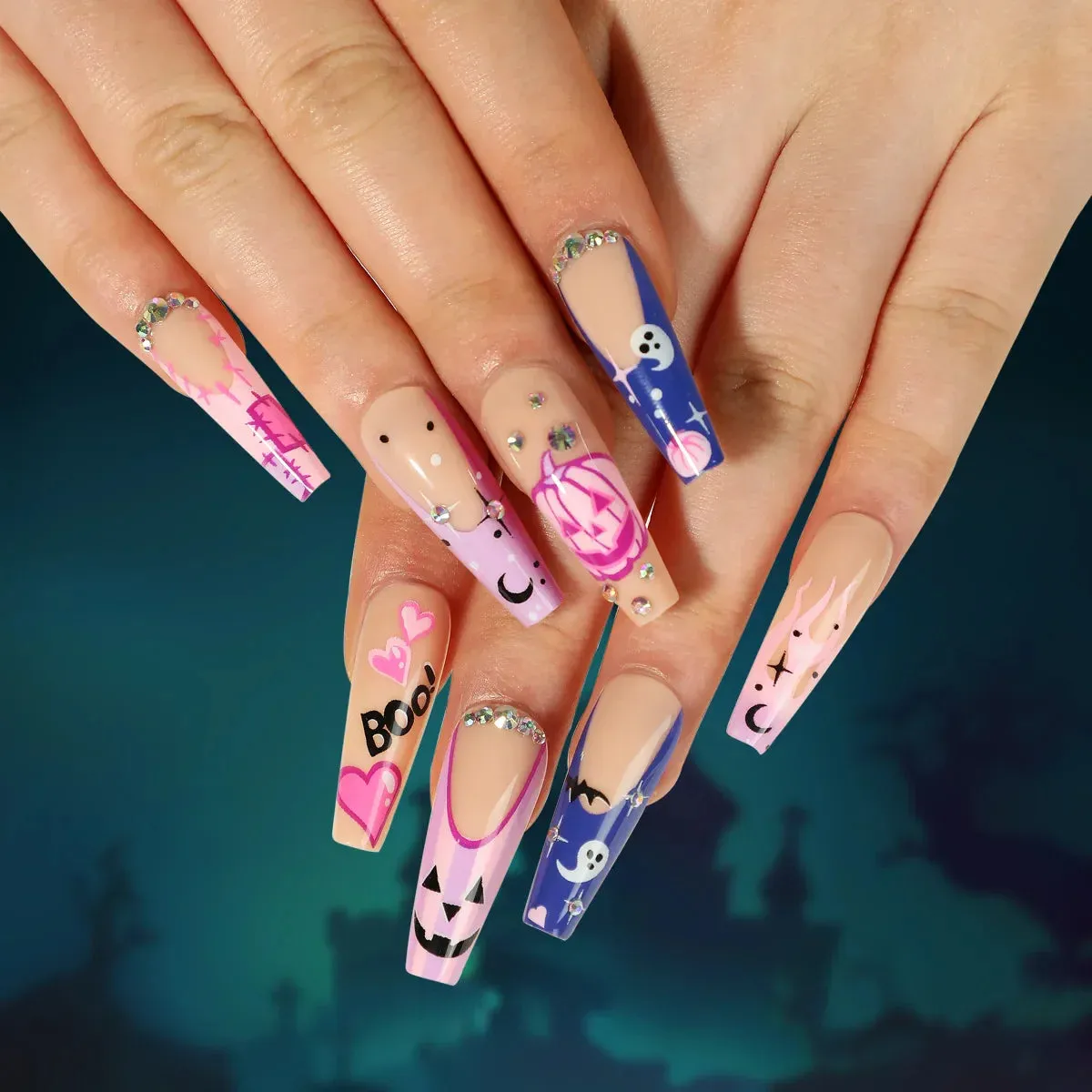 Toleet-Helloween sminken 24P/Set Halloween Fake Nails Art Ghost Face Pumpkin Spooky Designer Girls Party Press on Nail Tips Wearable Stick on Nails False