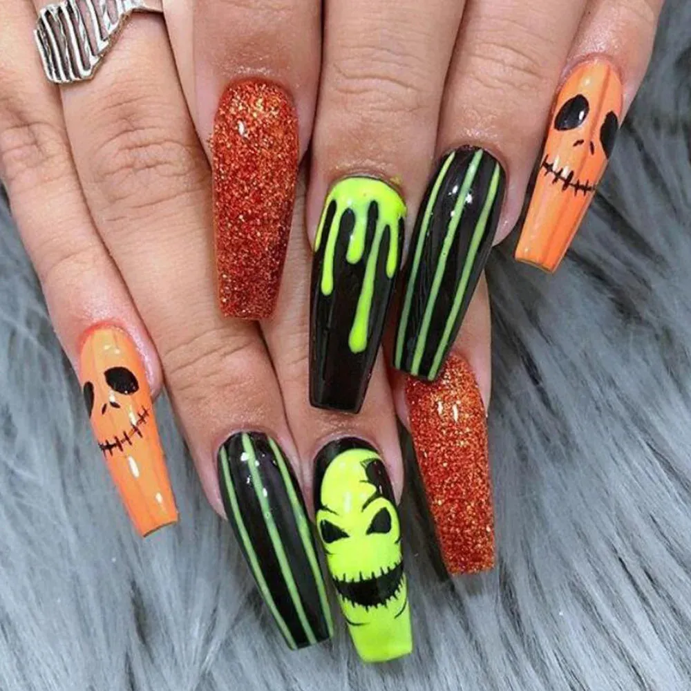 Toleet-Helloween sminken 24P/Set Halloween Fake Nails Art Ghost Face Pumpkin Spooky Designer Girls Party Press on Nail Tips Wearable Stick on Nails False