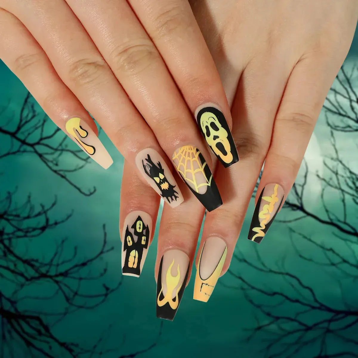Toleet-Helloween sminken 24P/Set Halloween Fake Nails Art Ghost Face Pumpkin Spooky Designer Girls Party Press on Nail Tips Wearable Stick on Nails False