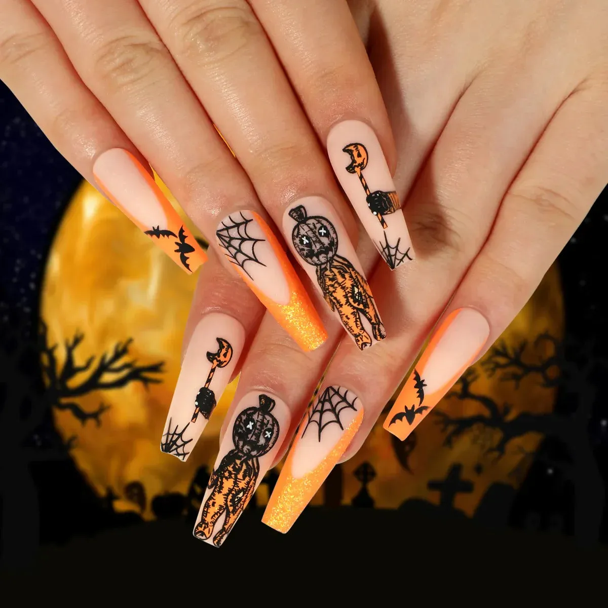 Toleet-Helloween sminken 24P/Set Halloween Fake Nails Art Ghost Face Pumpkin Spooky Designer Girls Party Press on Nail Tips Wearable Stick on Nails False