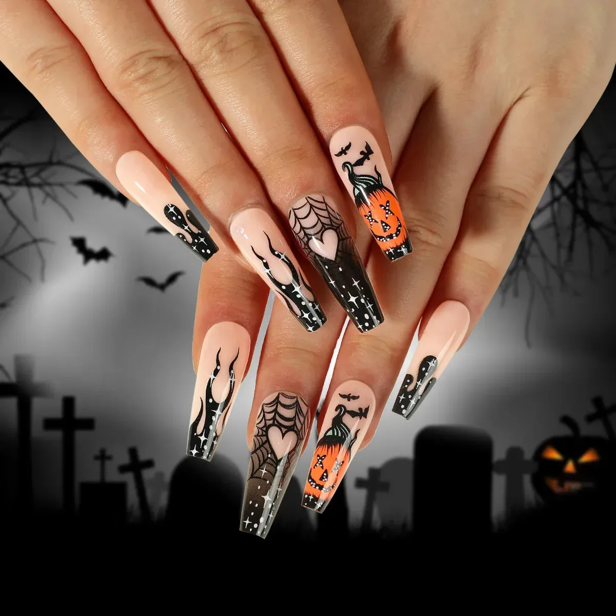 Toleet-Helloween sminken 24P/Set Halloween Fake Nails Art Ghost Face Pumpkin Spooky Designer Girls Party Press on Nail Tips Wearable Stick on Nails False