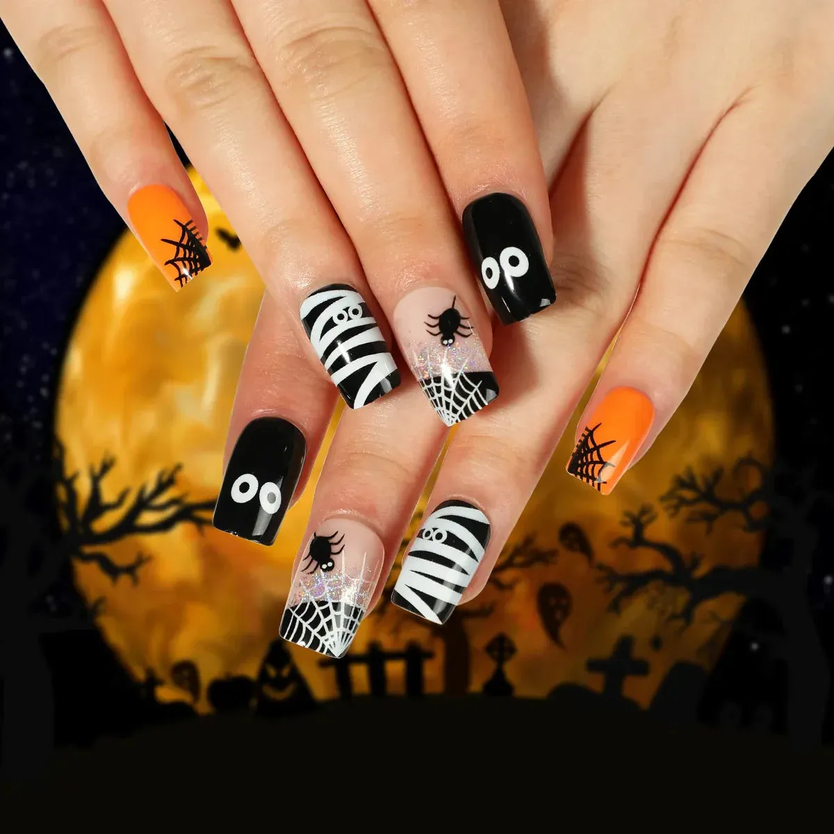 Toleet-Helloween sminken 24P/Set Halloween Fake Nails Art Ghost Face Pumpkin Spooky Designer Girls Party Press on Nail Tips Wearable Stick on Nails False