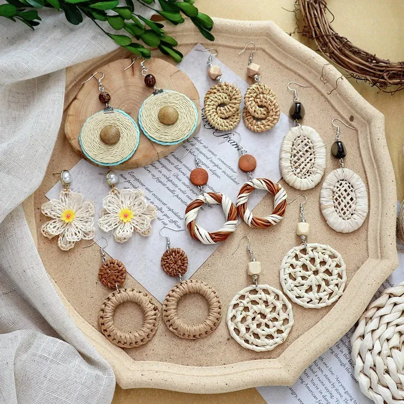 Unique Rattan Earrings Wooden Women Elegant Bohemian Long Earrings Fashion Exaggerate Big Boho Earrings Statement Jewelry 2024
