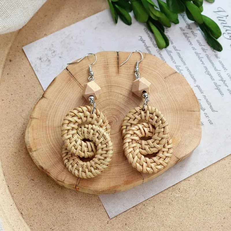 Unique Rattan Earrings Wooden Women Elegant Bohemian Long Earrings Fashion Exaggerate Big Boho Earrings Statement Jewelry 2024