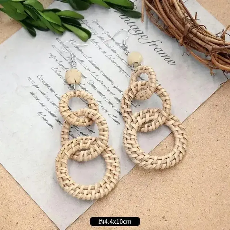 Unique Rattan Earrings Wooden Women Elegant Bohemian Long Earrings Fashion Exaggerate Big Boho Earrings Statement Jewelry 2024