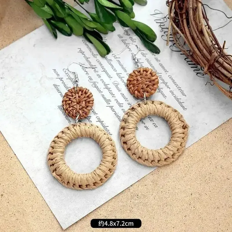 Unique Rattan Earrings Wooden Women Elegant Bohemian Long Earrings Fashion Exaggerate Big Boho Earrings Statement Jewelry 2024
