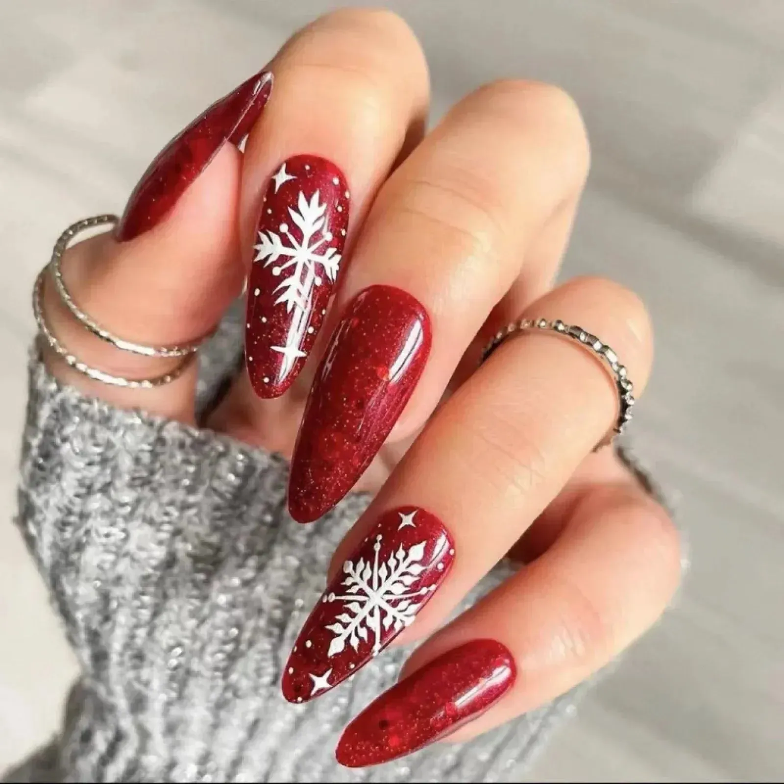 Wenkouban-24pcs Gold Powder Christmas Fake Nails Snowflake Design False Nails Art Full Cover Waterproof Removable Artificial Press on Nail
