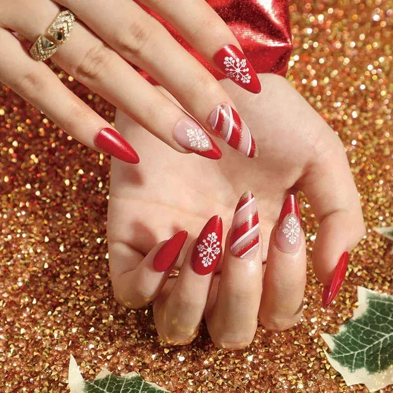 Wenkouban-24pcs Gold Powder Christmas Fake Nails Snowflake Design False Nails Art Full Cover Waterproof Removable Artificial Press on Nail