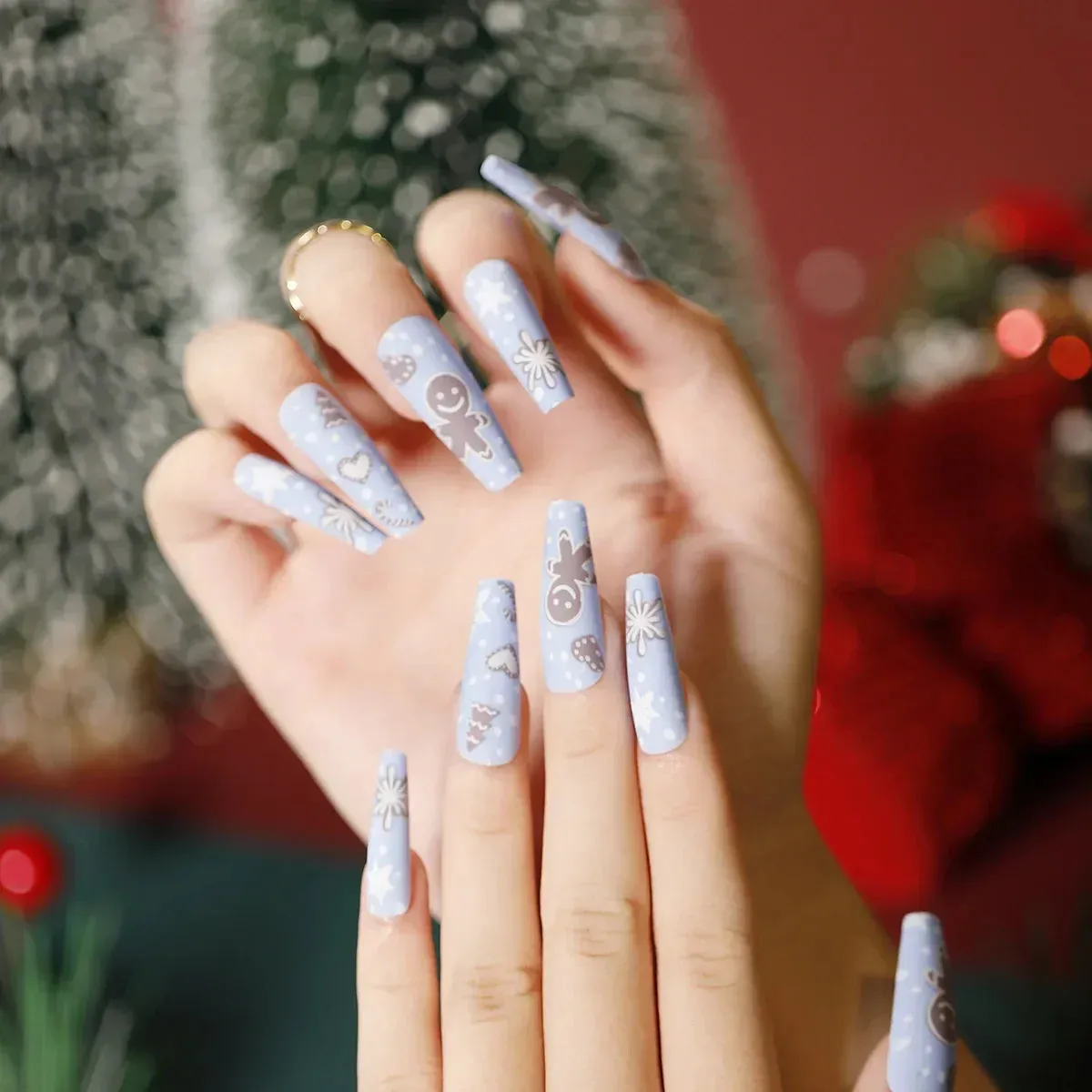 Wenkouban-24pcs Gold Powder Christmas Fake Nails Snowflake Design False Nails Art Full Cover Waterproof Removable Artificial Press on Nail