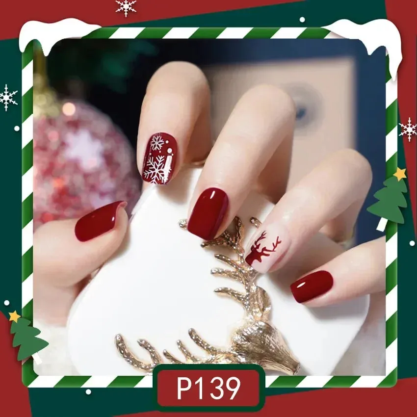 Wenkouban-24pcs Gold Powder Christmas Fake Nails Snowflake Design False Nails Art Full Cover Waterproof Removable Artificial Press on Nail