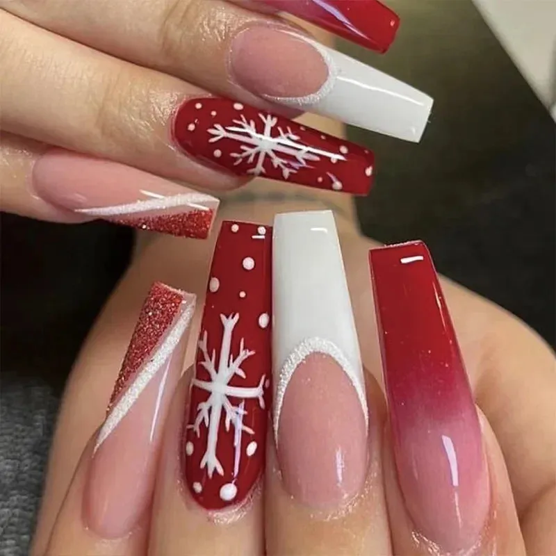 Wenkouban-24pcs Gold Powder Christmas Fake Nails Snowflake Design False Nails Art Full Cover Waterproof Removable Artificial Press on Nail