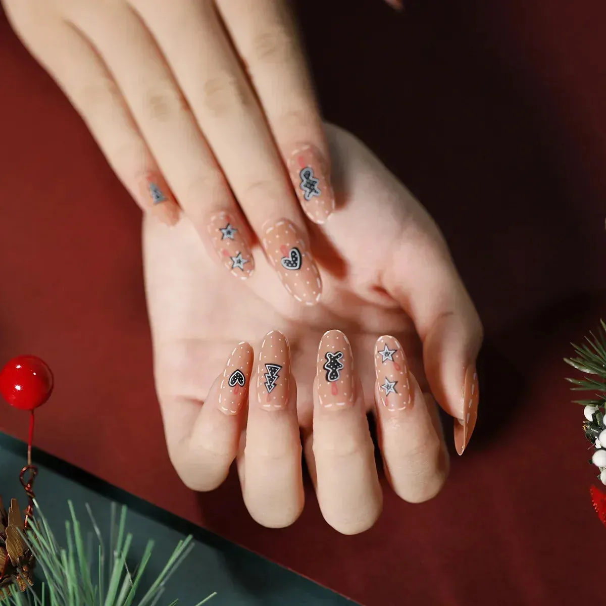 Wenkouban-24pcs Gold Powder Christmas Fake Nails Snowflake Design False Nails Art Full Cover Waterproof Removable Artificial Press on Nail