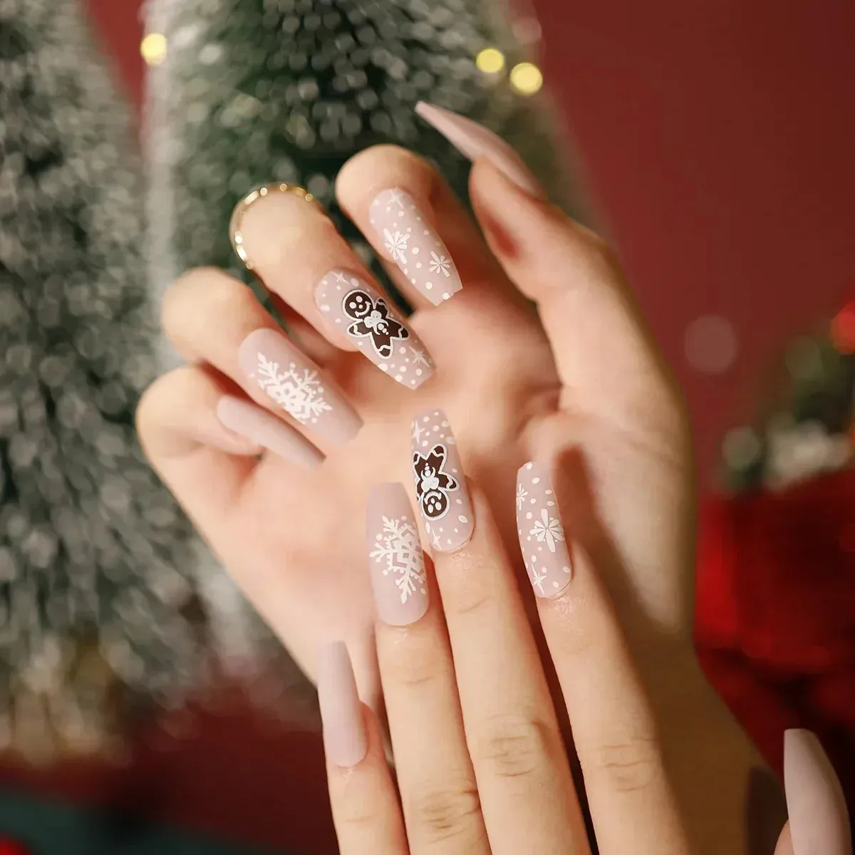 Wenkouban-24pcs Gold Powder Christmas Fake Nails Snowflake Design False Nails Art Full Cover Waterproof Removable Artificial Press on Nail