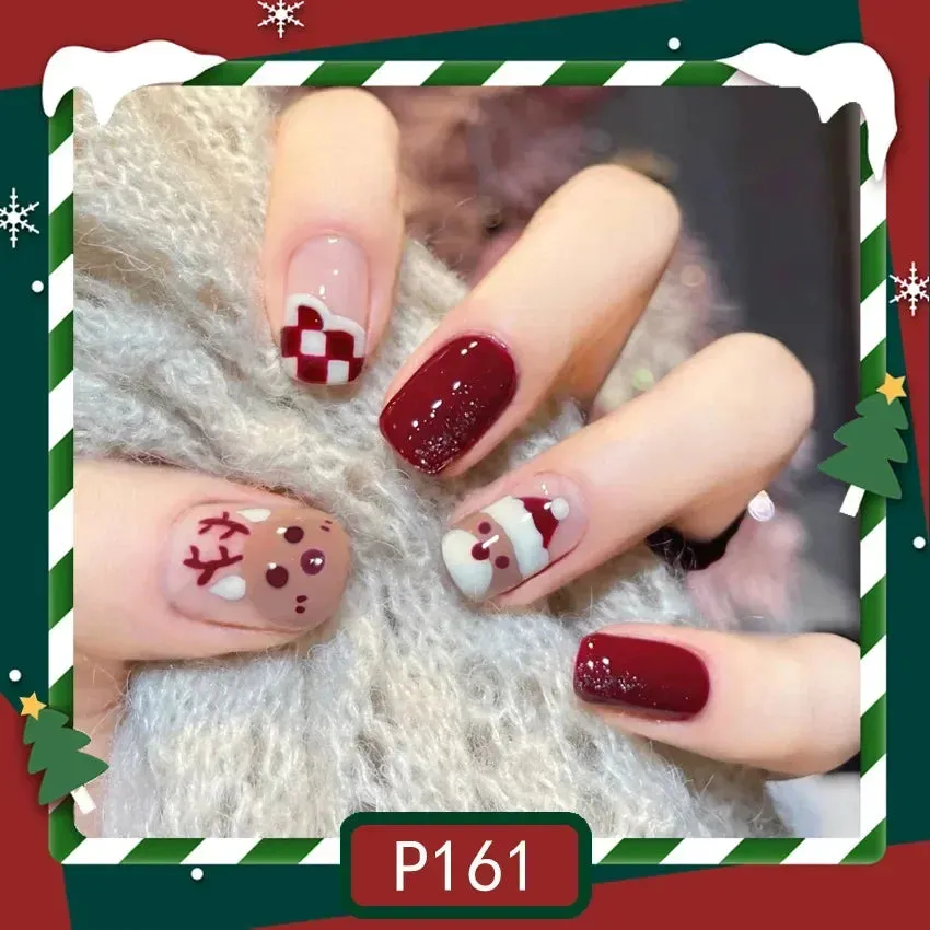 Wenkouban-24pcs Gold Powder Christmas Fake Nails Snowflake Design False Nails Art Full Cover Waterproof Removable Artificial Press on Nail