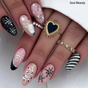 Wenkouban-24pcs Gold Powder Christmas Fake Nails Snowflake Design False Nails Art Full Cover Waterproof Removable Artificial Press on Nail