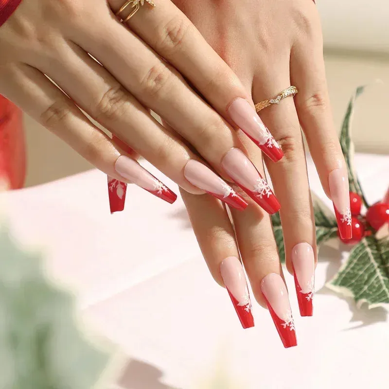 Wenkouban-24pcs Gold Powder Christmas Fake Nails Snowflake Design False Nails Art Full Cover Waterproof Removable Artificial Press on Nail