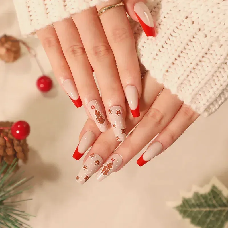 Wenkouban-24pcs Gold Powder Christmas Fake Nails Snowflake Design False Nails Art Full Cover Waterproof Removable Artificial Press on Nail