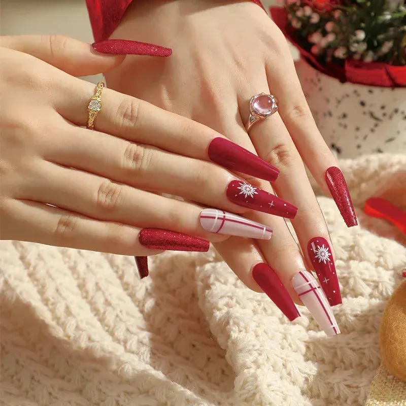 Wenkouban-24pcs Gold Powder Christmas Fake Nails Snowflake Design False Nails Art Full Cover Waterproof Removable Artificial Press on Nail