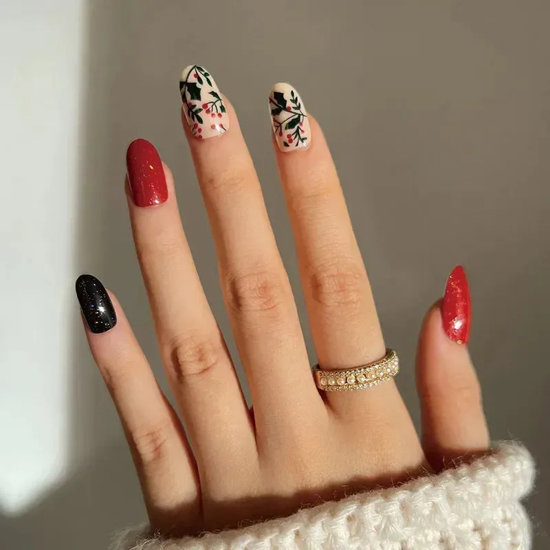 Wenkouban-24pcs Gold Powder Christmas Fake Nails Snowflake Design False Nails Art Full Cover Waterproof Removable Artificial Press on Nail