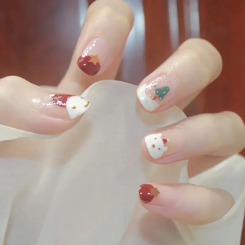 Wenkouban-24pcs Gold Powder Christmas Fake Nails Snowflake Design False Nails Art Full Cover Waterproof Removable Artificial Press on Nail