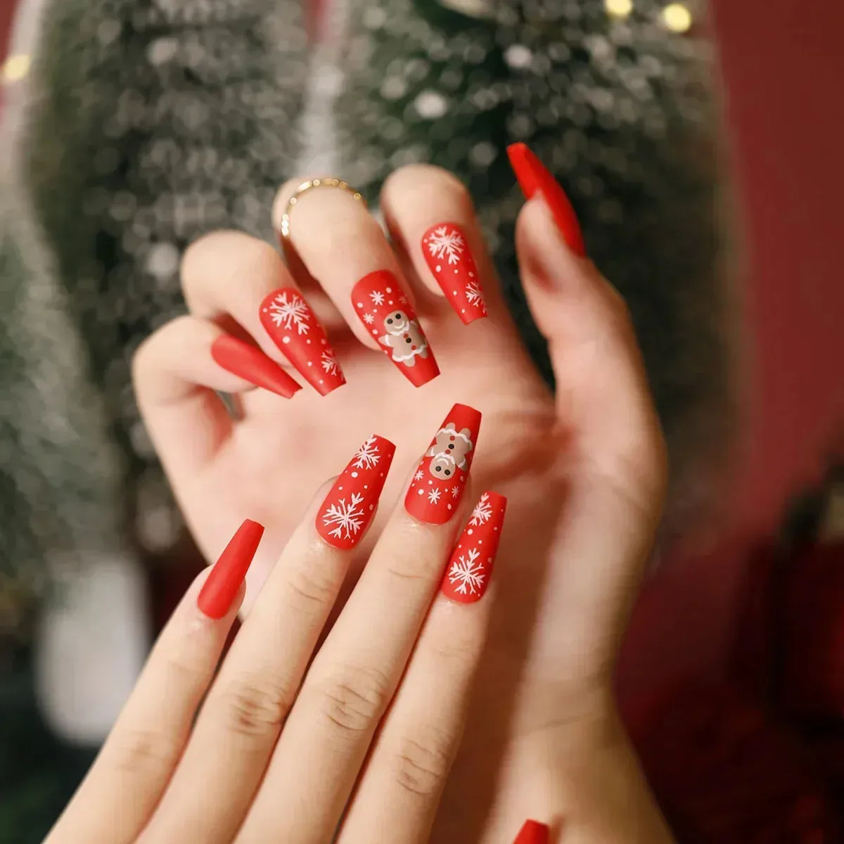 Wenkouban-24pcs Gold Powder Christmas Fake Nails Snowflake Design False Nails Art Full Cover Waterproof Removable Artificial Press on Nail
