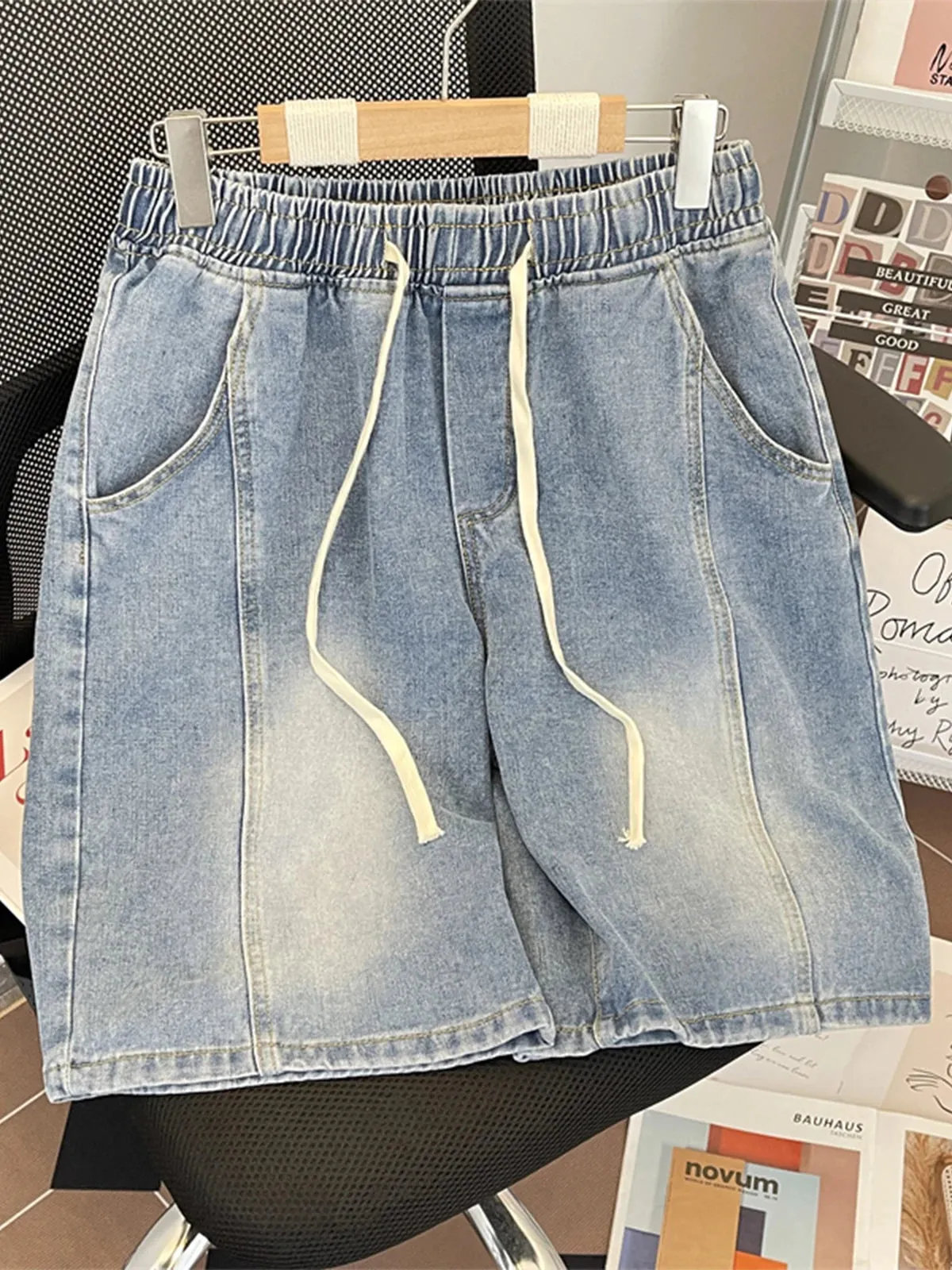 Wiaofellas  -  Men's Summer Fashion Baggy Straight Denim Shorts Male Elastic Waist Casual Shorts Men Loose Tie-dye Short Pants G202