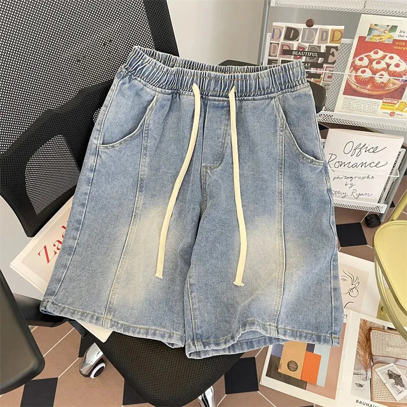 Wiaofellas  -  Men's Summer Fashion Baggy Straight Denim Shorts Male Elastic Waist Casual Shorts Men Loose Tie-dye Short Pants G202