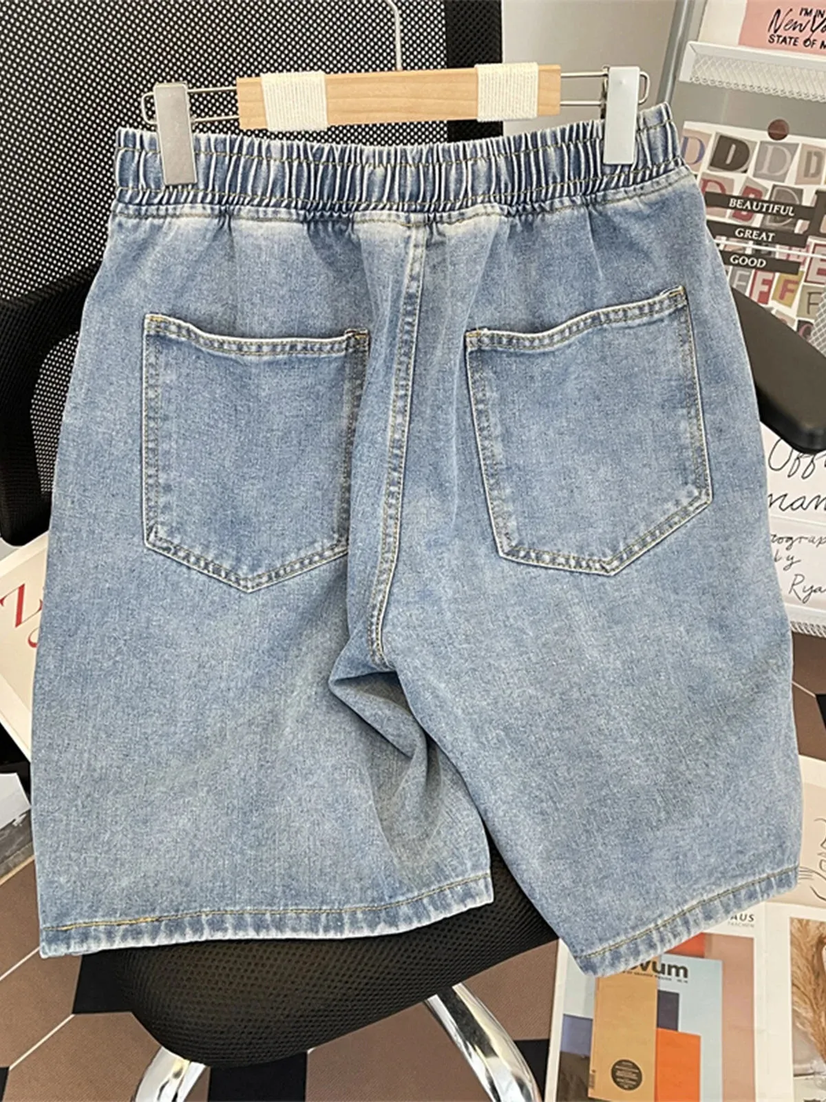 Wiaofellas  -  Men's Summer Fashion Baggy Straight Denim Shorts Male Elastic Waist Casual Shorts Men Loose Tie-dye Short Pants G202