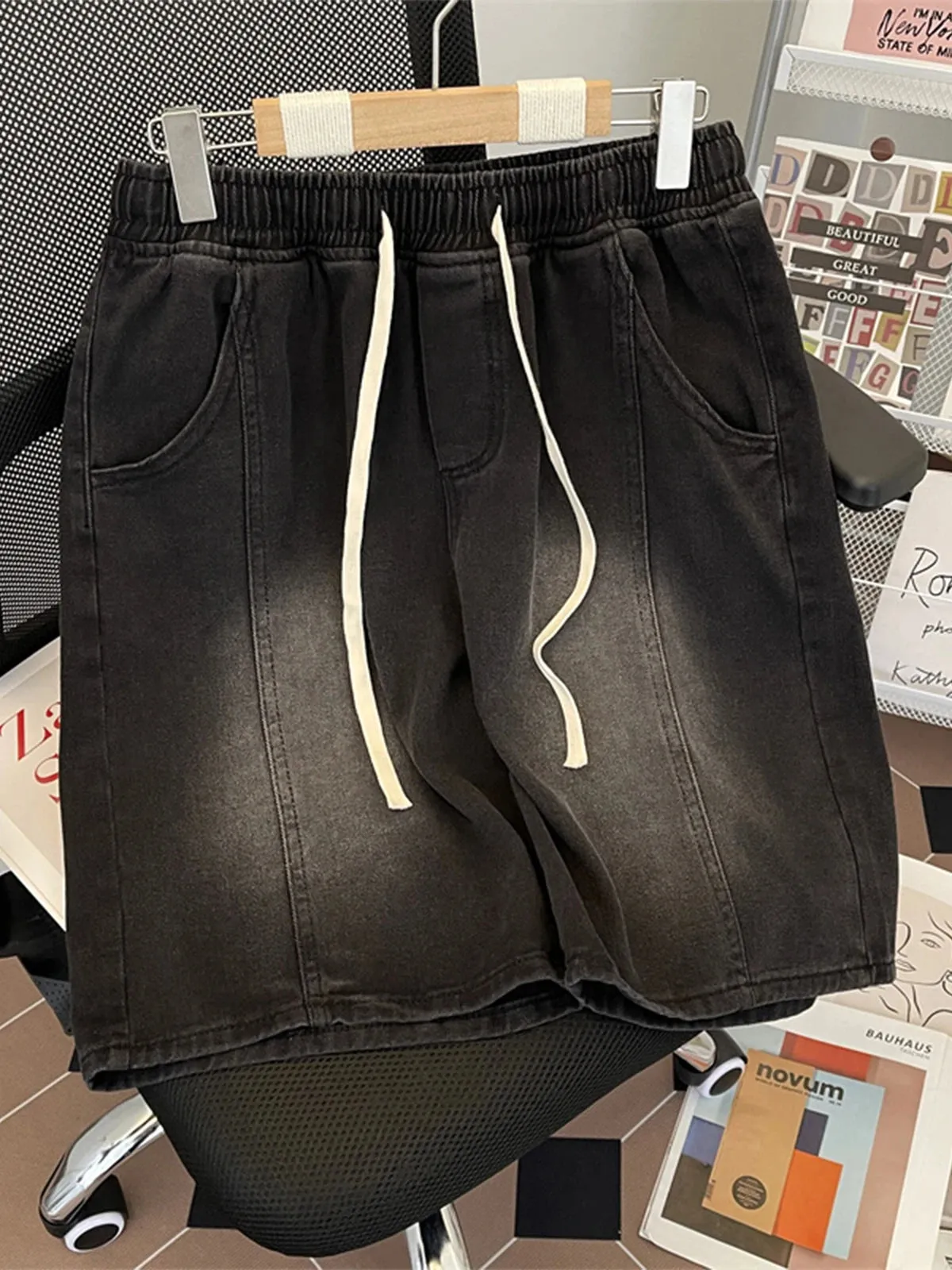 Wiaofellas  -  Men's Summer Fashion Baggy Straight Denim Shorts Male Elastic Waist Casual Shorts Men Loose Tie-dye Short Pants G202