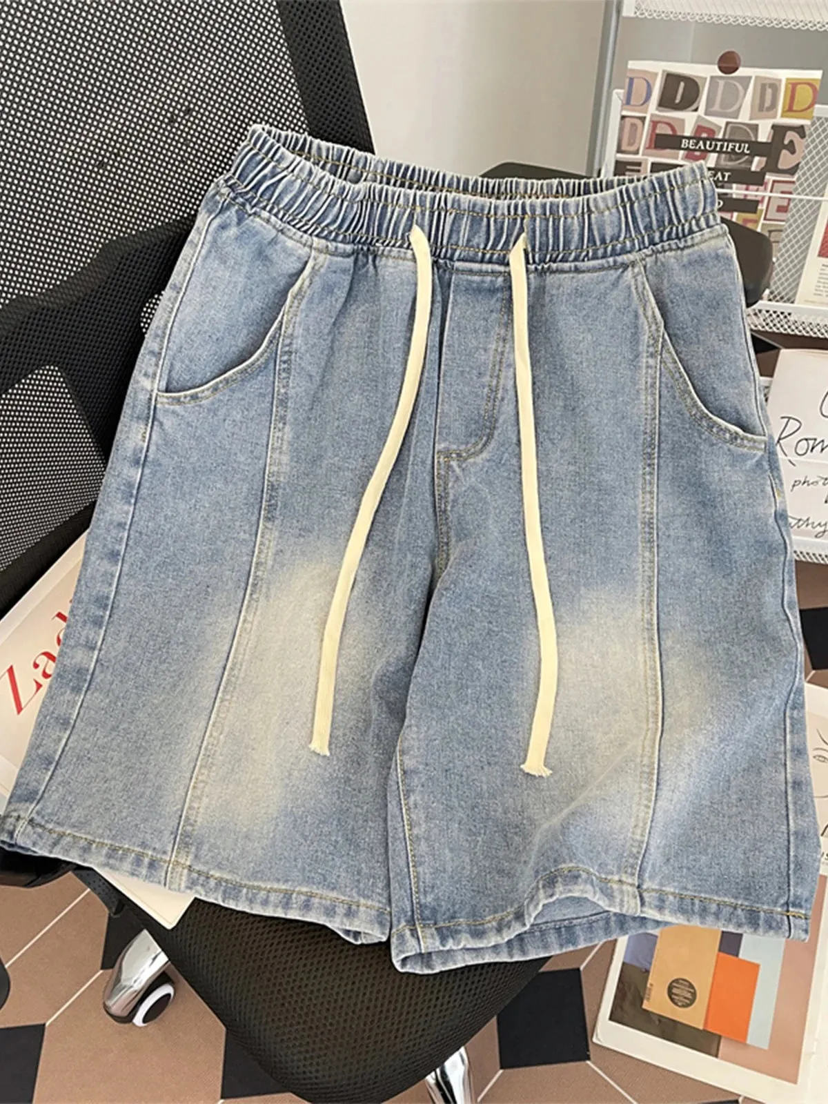 Wiaofellas  -  Men's Summer Fashion Baggy Straight Denim Shorts Male Elastic Waist Casual Shorts Men Loose Tie-dye Short Pants G202