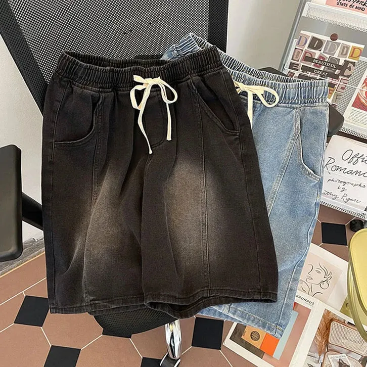 Wiaofellas  -  Men's Summer Fashion Baggy Straight Denim Shorts Male Elastic Waist Casual Shorts Men Loose Tie-dye Short Pants G202