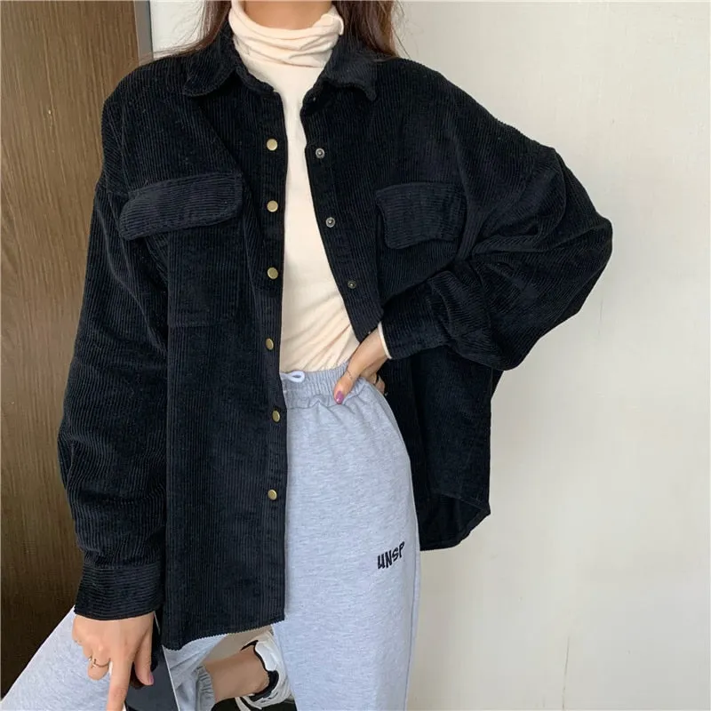 Wjczt Spring New Women Solid Corduroy Shirts Jackets Full Sleeve Turn-Down Collar Oversize Coats Casual Autumn Basic Outwear T0O901F