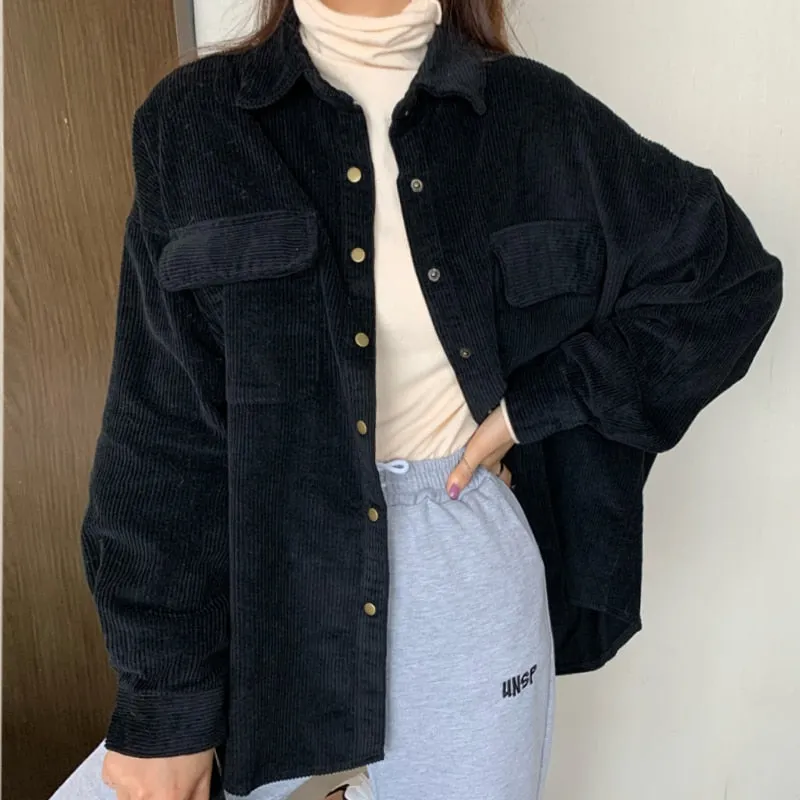 Wjczt Spring New Women Solid Corduroy Shirts Jackets Full Sleeve Turn-Down Collar Oversize Coats Casual Autumn Basic Outwear T0O901F