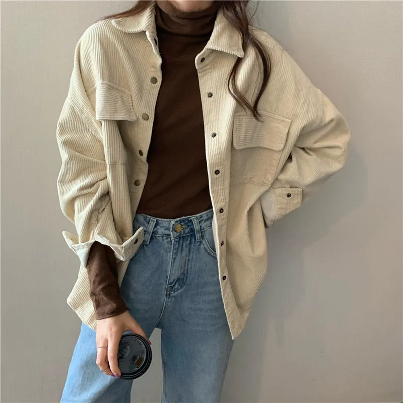 Wjczt Spring New Women Solid Corduroy Shirts Jackets Full Sleeve Turn-Down Collar Oversize Coats Casual Autumn Basic Outwear T0O901F